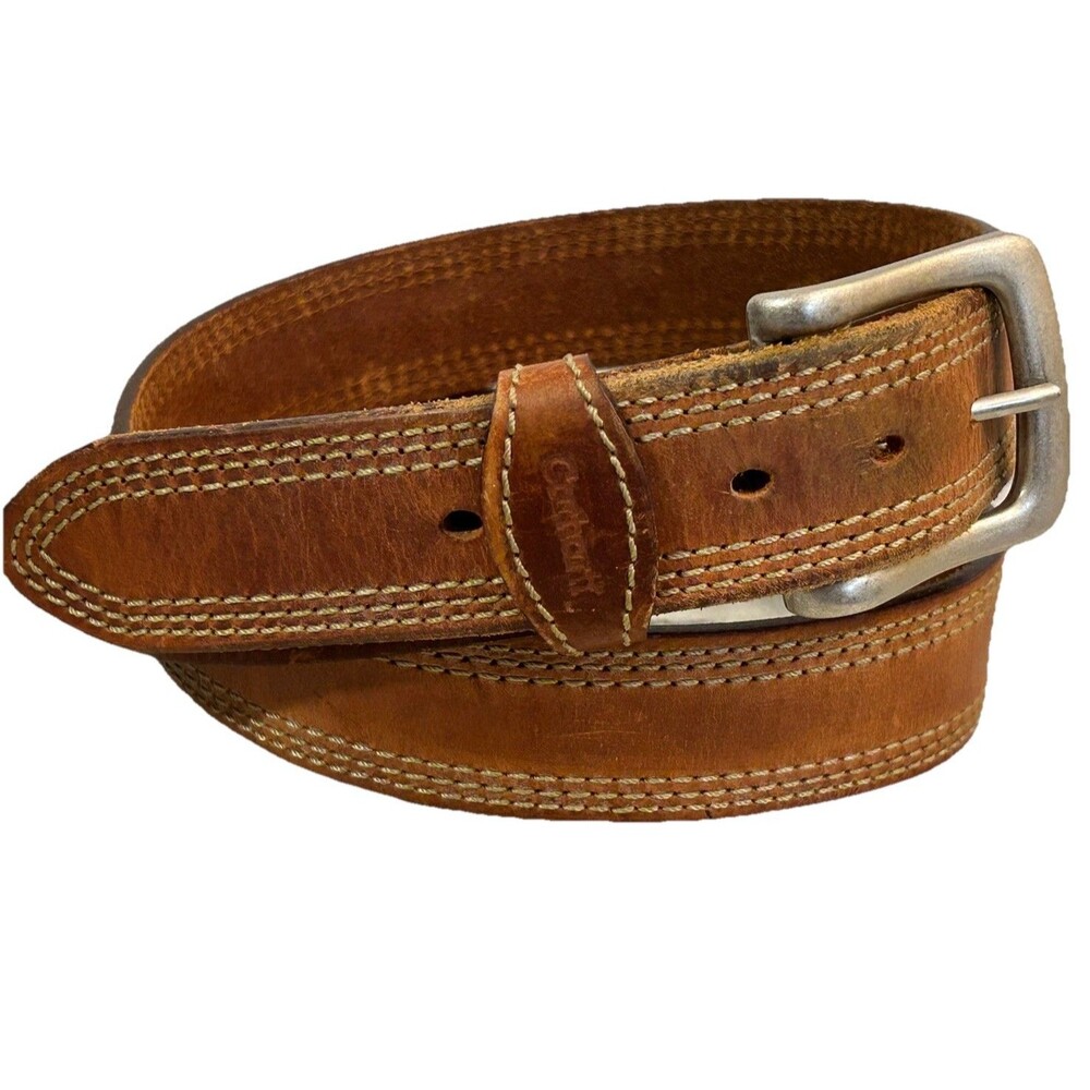 Carhartt Tan Leather Detroit Belt Triple Row Stitching Silver Buckle Men’s 40